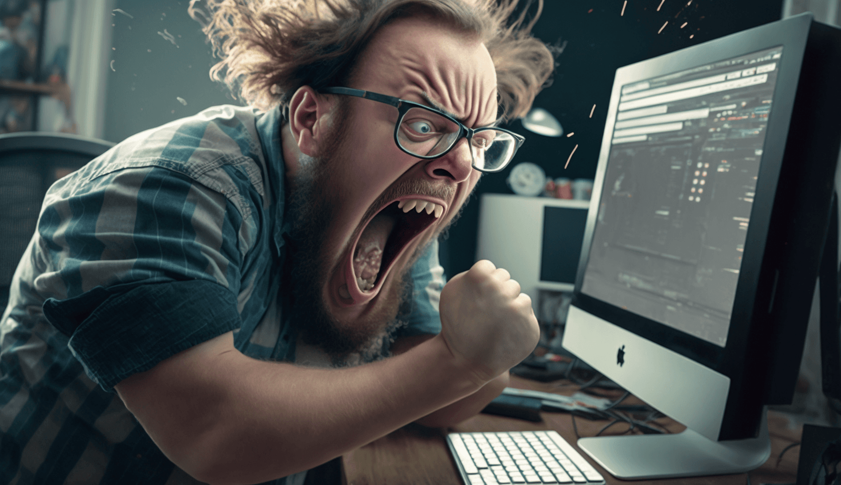 A furious man yelling at the computer